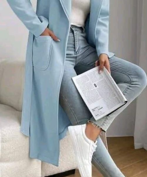 Solid Gogh Coat With Pockets For Women - Light Blue