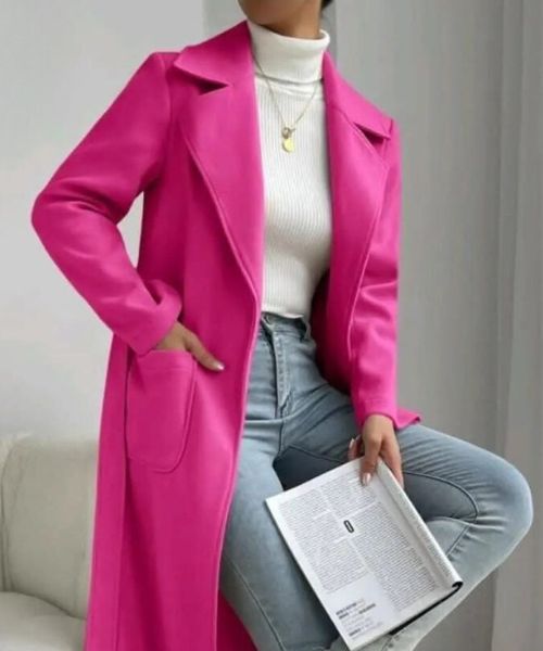 Solid Gogh Coat With Pockets For Women - Fuchsia