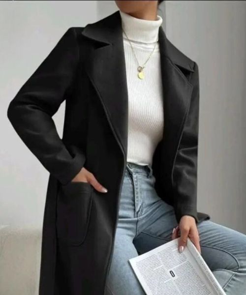 Solid Gogh Coat With Pockets For Women - Black
