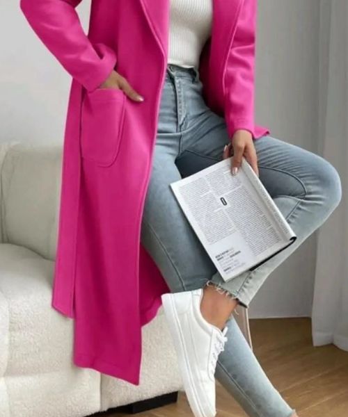Solid Gogh Coat With Pockets For Women - Fuchsia