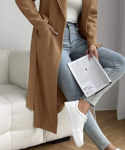 Solid Gogh Coat With Pockets For Women - Brown