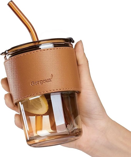 Leak Proof Glass Cup with Straw and Lid (450 ml) | Leather protective cover | Reusable cup with straw | Cup of iced coffee | Double direct spout | Bamboo glass