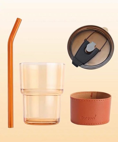 Leak Proof Glass Cup with Straw and Lid (450 ml) | Leather protective cover | Reusable cup with straw | Cup of iced coffee | Double direct spout | Bamboo glass