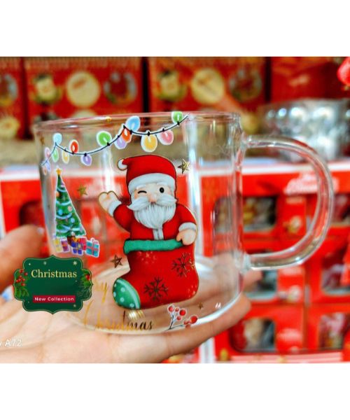 Printed Christmas Glass Mug With Handle - Clear Red