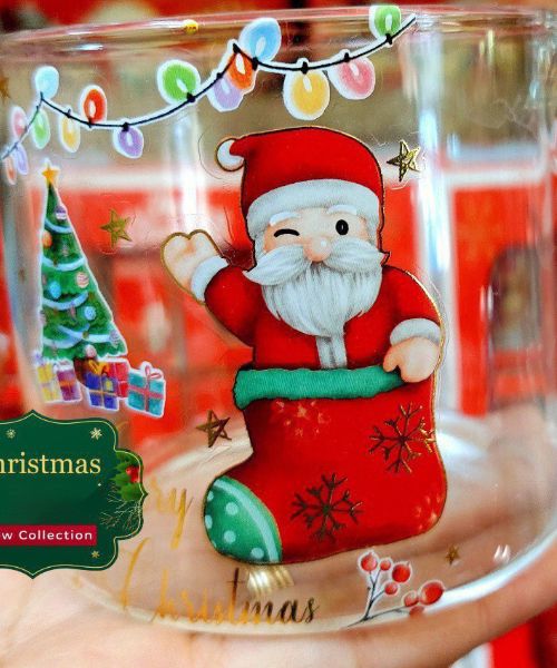 Printed Christmas Glass Mug With Handle - Clear Red