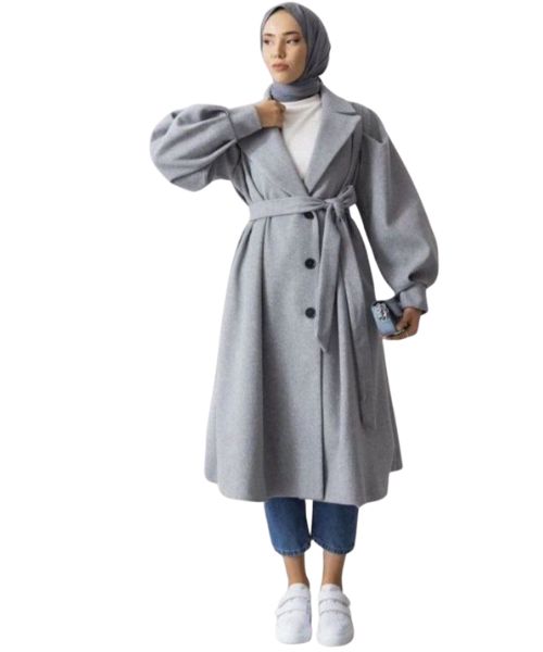 Solid Coat Gogh With Belt Full Sleeve For Women - Grey