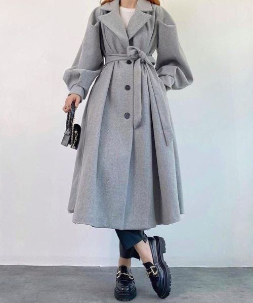 Solid Coat Gogh With Belt Full Sleeve For Women - Grey