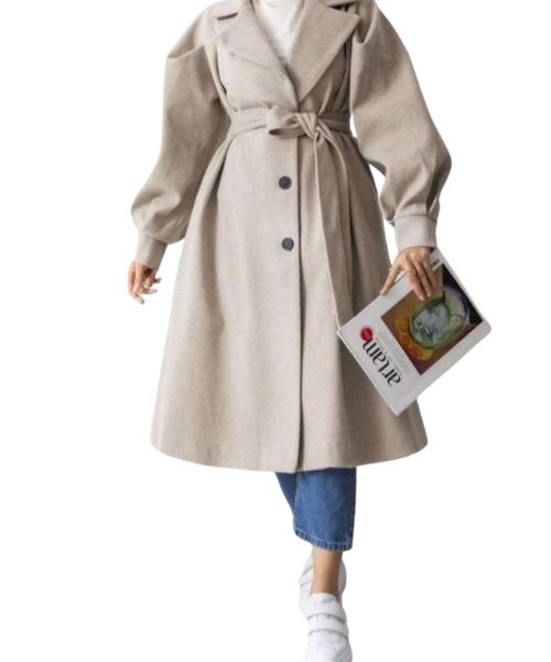 Solid Coat Gogh With Belt Full Sleeve For Women - Beige