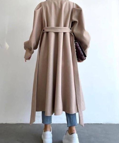 Solid Coat Gogh With Belt Full Sleeve For Women - Beige