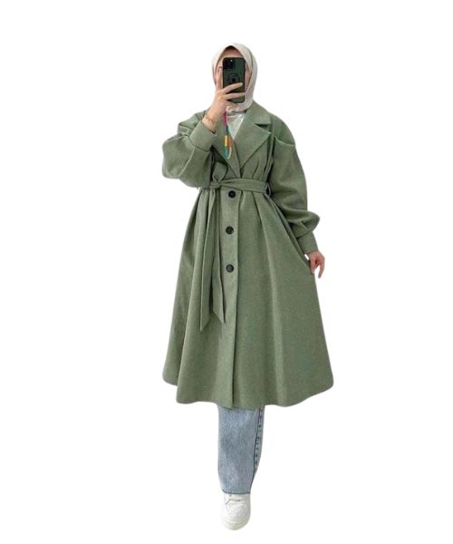 Solid Coat Gogh With Belt Full Sleeve For Women - Mint Green