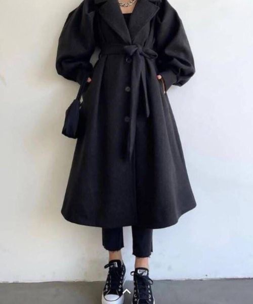 Solid Coat Gogh With Belt Full Sleeve For Women - Black