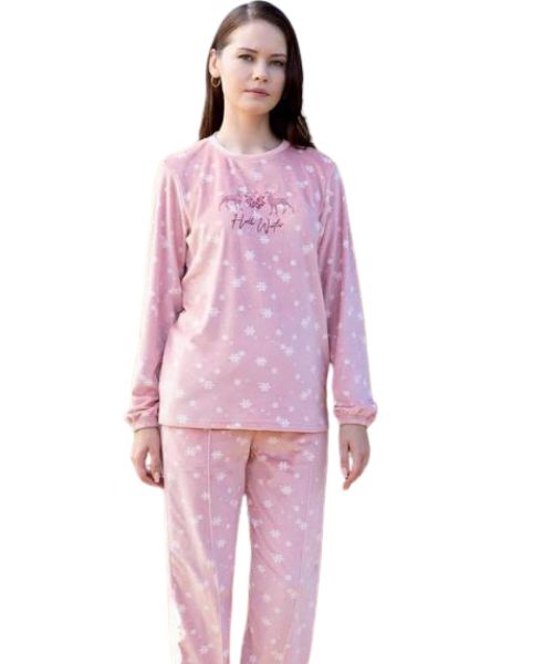 Printed Velvet Pajama Full Sleeve Round Neck 2 Pieces For Women - Pink