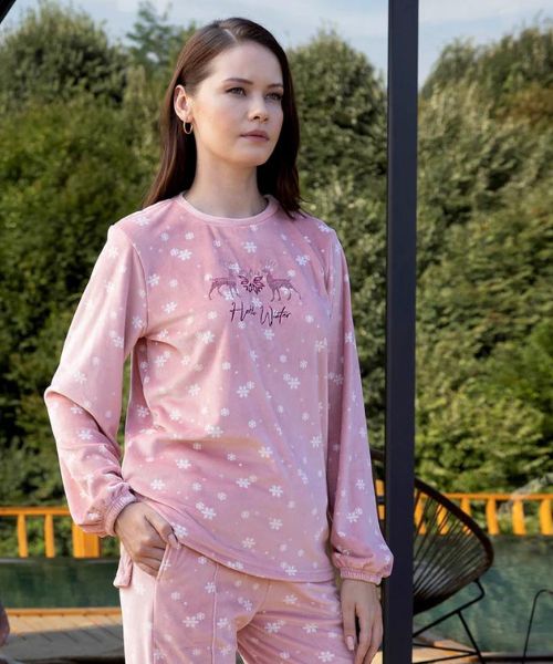 Printed Velvet Pajama Full Sleeve Round Neck 2 Pieces For Women - Pink