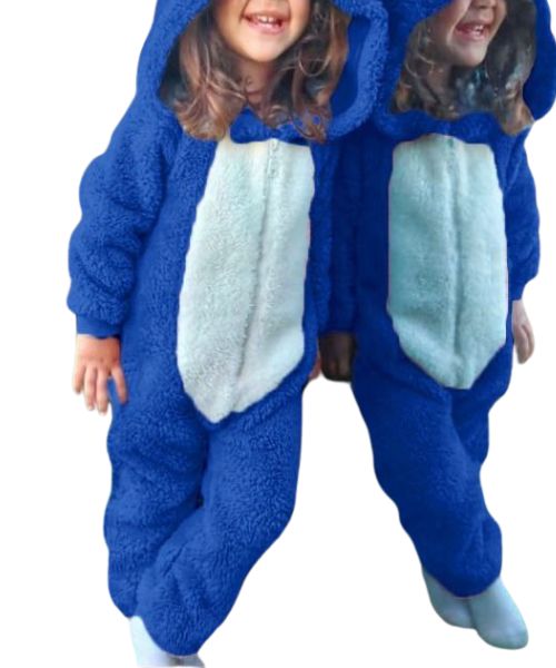 Rabbit Print Fur Jumpsuit Full Sleeve With Capiccio For Girls - Blue White