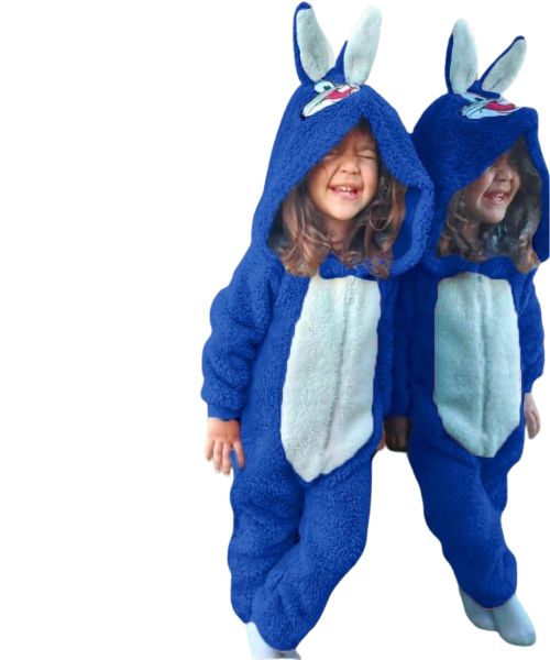 Rabbit Print Fur Jumpsuit Full Sleeve With Capiccio For Girls - Blue White