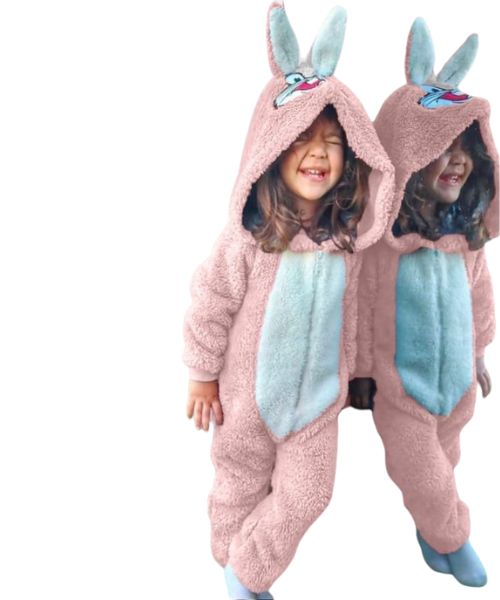 Rabbit Print Fur Jumpsuit Full Sleeve With Capiccio For Girls - Pink White