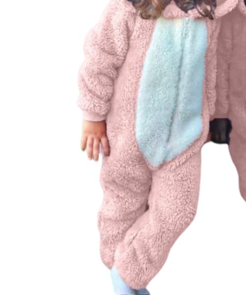 Rabbit Print Fur Jumpsuit Full Sleeve With Capiccio For Girls - Pink White