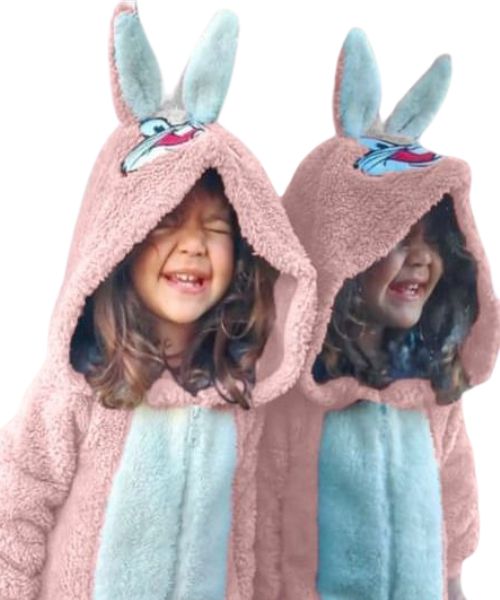 Rabbit Print Fur Jumpsuit Full Sleeve With Capiccio For Girls - Pink White
