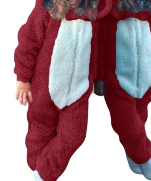 Rabbit Print Fur Jumpsuit Full Sleeve With Capiccio For Girls - Red White