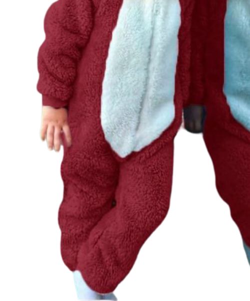 Rabbit Print Fur Jumpsuit Full Sleeve With Capiccio For Girls - Red White