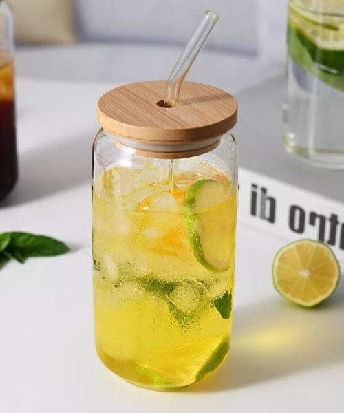 Glass Mug With wooden Lid And Straw 550 Ml - Clear