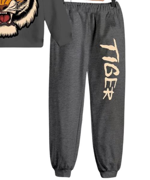 Tiger Printed Melton Cotton Pajama Full Sleeve Round Neck 2 Pieces For Boys - Grey