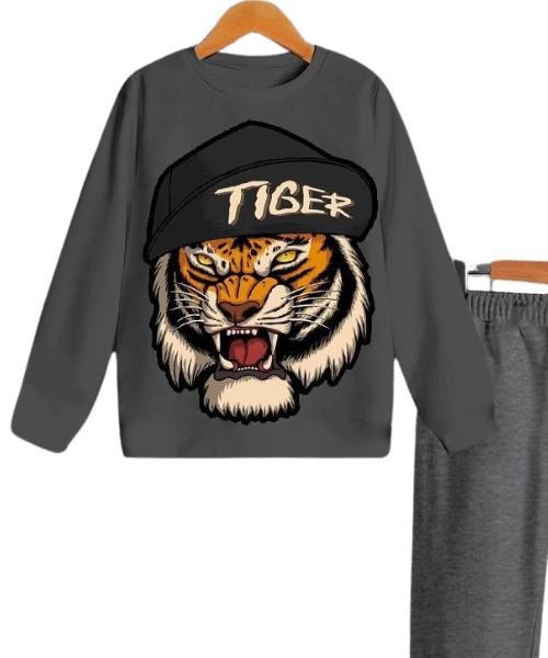 Tiger Printed Melton Cotton Pajama Full Sleeve Round Neck 2 Pieces For Boys - Grey
