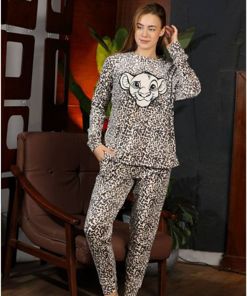 Tiger Printed Velvet Pajama Full Sleeve Round Neck 2 Pieces For