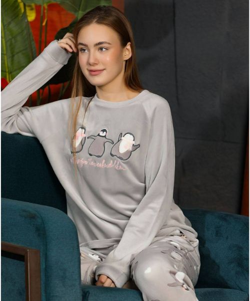 Printed Velvet Pajama Full Sleeve Round Neck 2 Pieces For Women - Pink