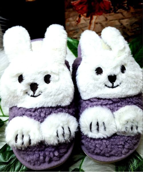 Rabbit Shape Fur Winter Slipper Flat For Women Purple