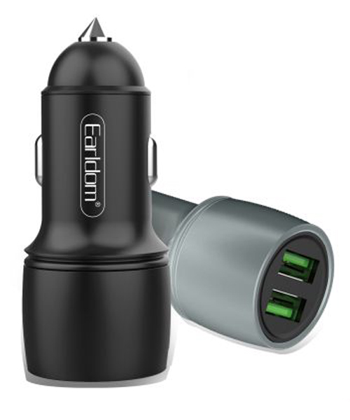 Earldom  Es-Cc7 Car Charger 36W Fast Charger Micro 2 Usb Ports For Mobile Phones - Black