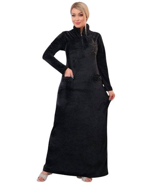 Printed Velvet Jalabiya With Pockets Long Sleeve For Women - Black
