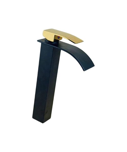Black square waterfall faucet with gold handle