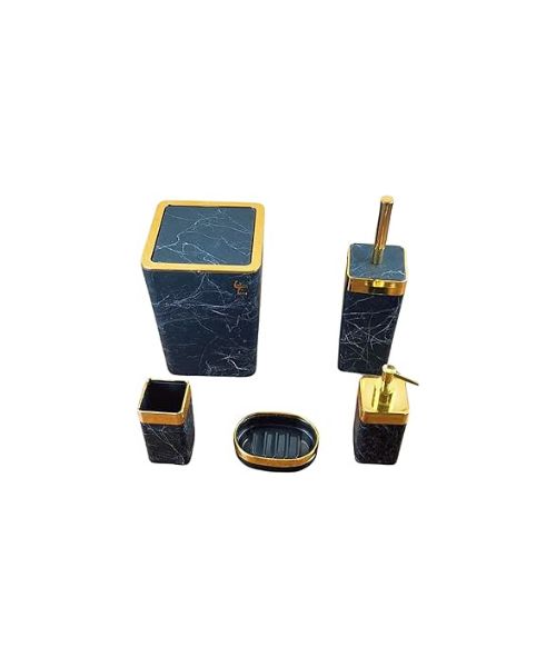 Welly Turkish Made Five-Piece Bathroom Amenity Set (Black Marble Square with Gold Frame)