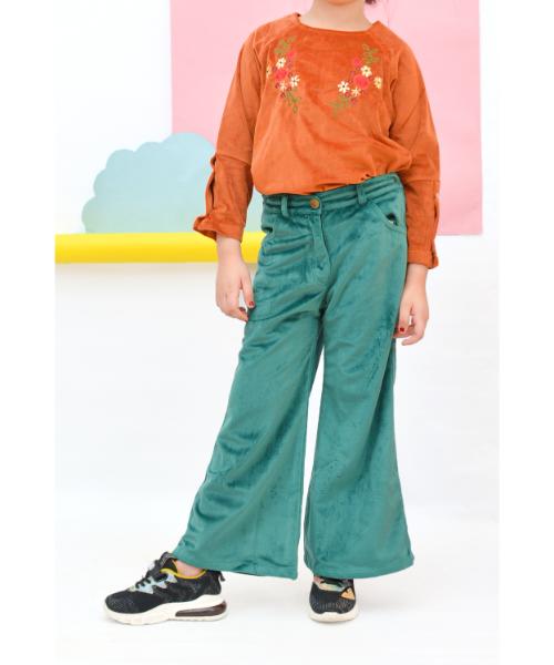 Solid Charleston Velvet Pants For Girls - Green