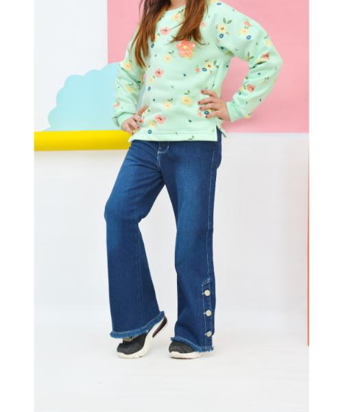 Wide leg jeans Pants With Buttones For Girls - Navy