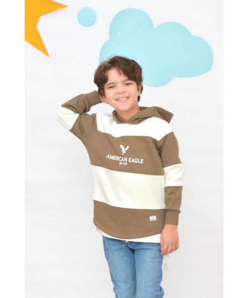 Striped Melton Hoodie With Capiccio For Boys - White Brown