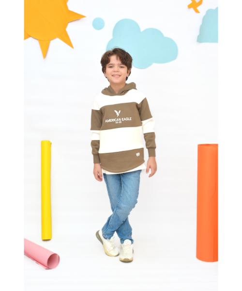 Striped Melton Hoodie With Capiccio For Boys - White Brown