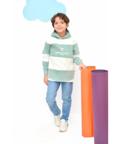 Striped Melton Hoodie With Capiccio For Boys - White Mint Green