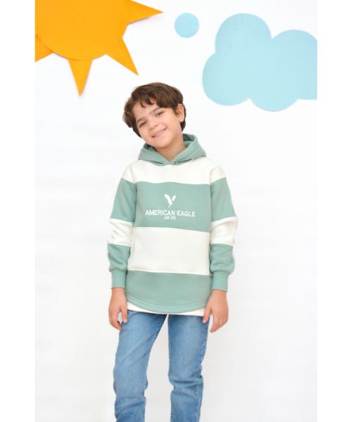 Striped Melton Hoodie With Capiccio For Boys - White Mint Green