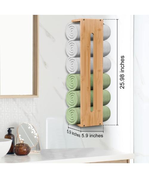 Purbamboo Wall Mounted Rolled Towel Rack, Bamboo Bathroom Towel Holder Rack, Rolled Bathroom Towel Storage Organizer