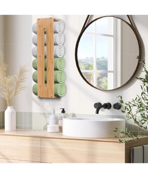 Purbamboo Wall Mounted Rolled Towel Rack, Bamboo Bathroom Towel Holder Rack, Rolled Bathroom Towel Storage Organizer
