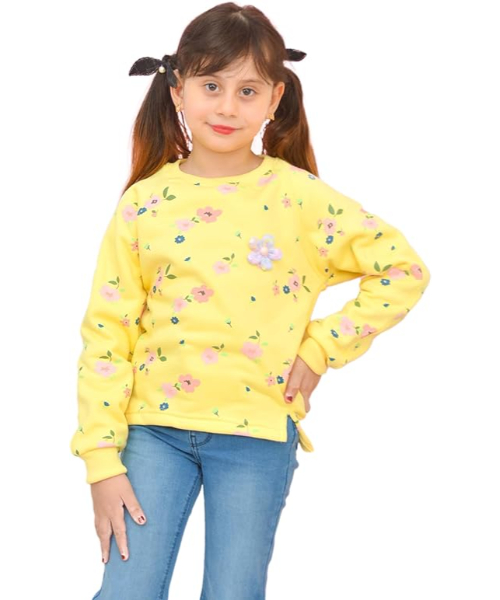 floral printed Melton sweatshirt Round Neck For Girls - Yellow