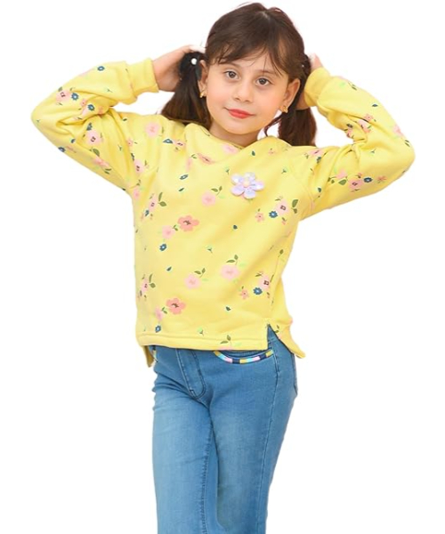 floral printed Melton sweatshirt Round Neck For Girls - Yellow