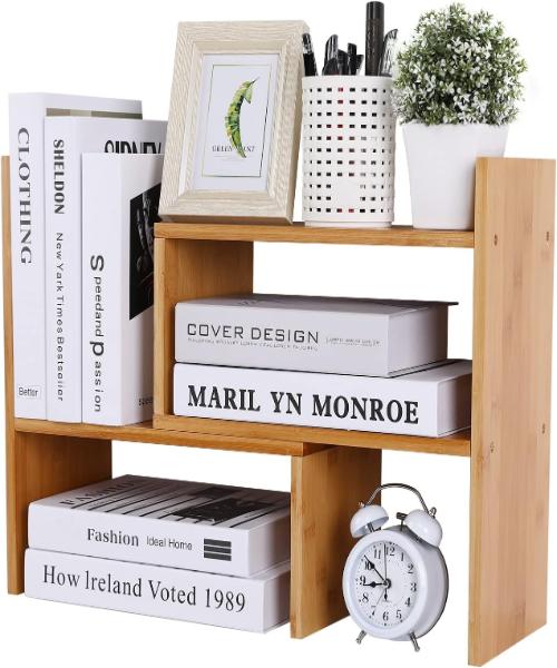Natural Wood Adjustable Desktop Book Organizer Shelf with Extendable Design for Home, Office and Dorm Decor