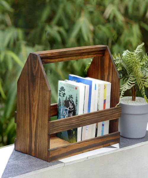 Pine Station Wooden Home Library Bookshelf | Rustic Natural Wood Book Stand Shelf for Table and Home Decor | A gift for a book reader Classic walnut colour