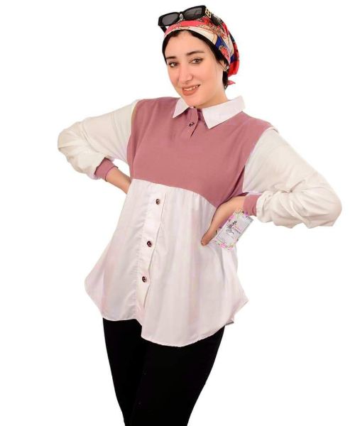 Solid Blouse With Neck  Long Sleeve For Women - Pink White