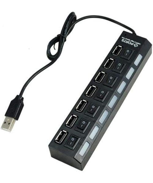 محول موزع USB 2.0 مقسم للطاقة 7 منافذ - زر تشغيل/إيقاف - مصباح ليد (اسود)