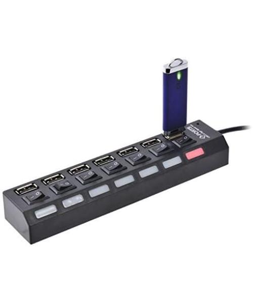 7Port Slot Tap Usb 2.0 Hub Adapter Splitter Power On/off Switch Led Light(black)