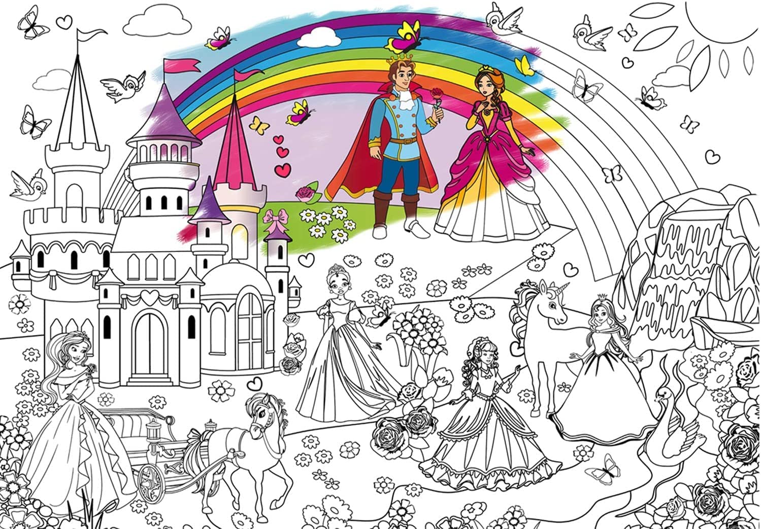 Coloring poster for children, the prince, princess and palace